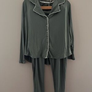 Olive Green Pajama Set with White Trim